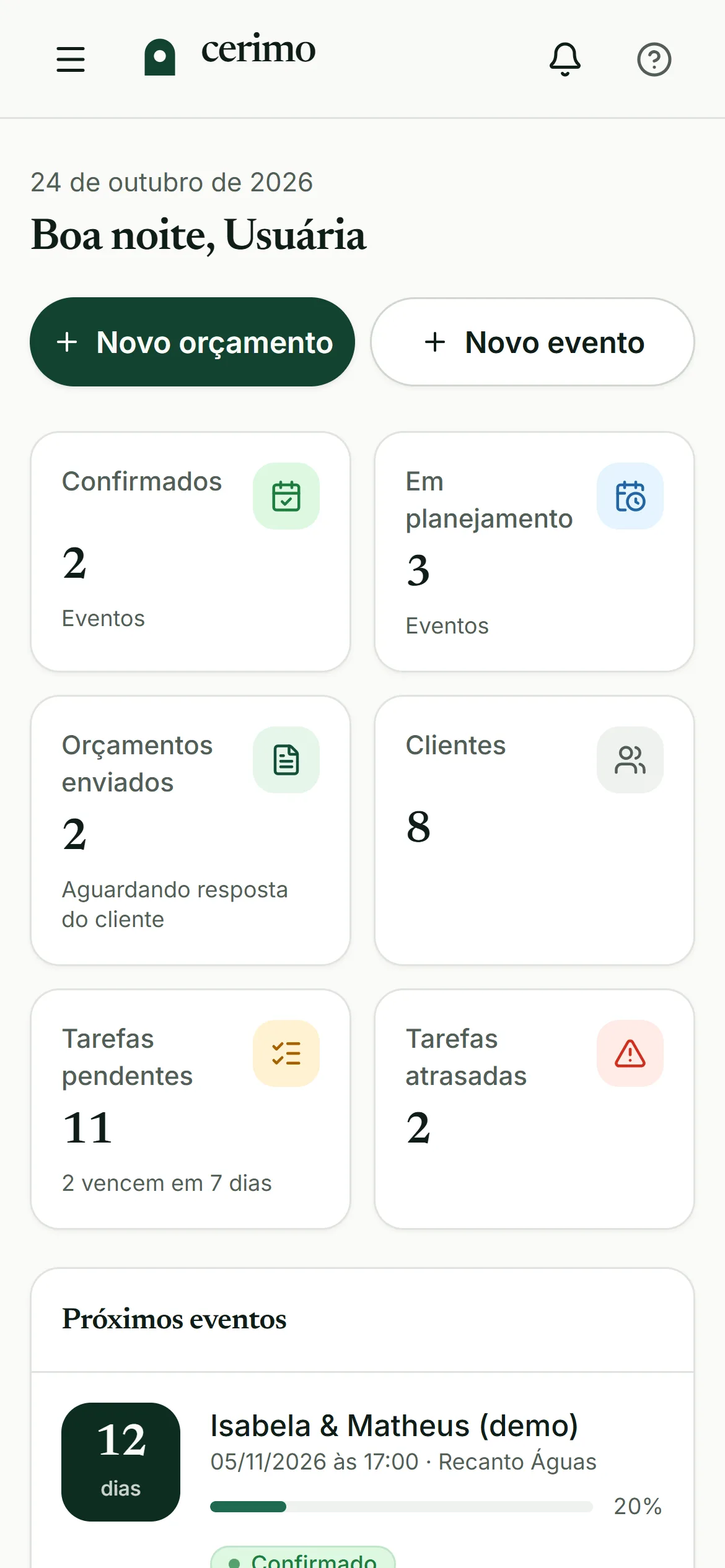 Painel inicial do Cerimo no celular.